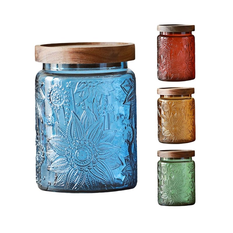 ANSQU Set of 4 Vintage Glass Storage Jars, 23.7oz Glass Coffee Canisters Decoraitve Mason Jars Sugar Containers with Airtight Wooden Lids for Kitchen Pantry, Cookie Jars (Sunflower) - Image 1