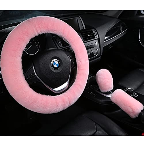 AOGELAN 3Pcs/Set Pure Wool Fur Furry Steering Wheel Cover, Soft Fluffy Handbrake Cover Gear Shift Cover for Women Car SUV Truck Australia Sheepskin Accessories, Pink - Image 2