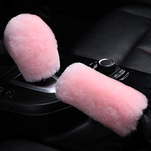 AOGELAN 3Pcs/Set Pure Wool Fur Furry Steering Wheel Cover, Soft Fluffy Handbrake Cover Gear Shift Cover for Women Car SUV Truck Australia Sheepskin Accessories, Pink - Image 3
