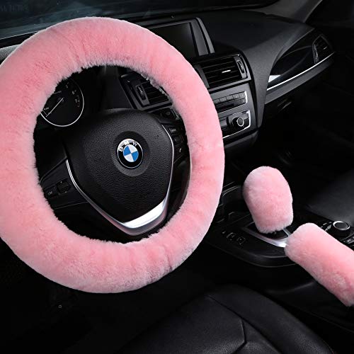 AOGELAN 3Pcs/Set Pure Wool Fur Furry Steering Wheel Cover, Soft Fluffy Handbrake Cover Gear Shift Cover for Women Car SUV Truck Australia Sheepskin Accessories, Pink - Image 1