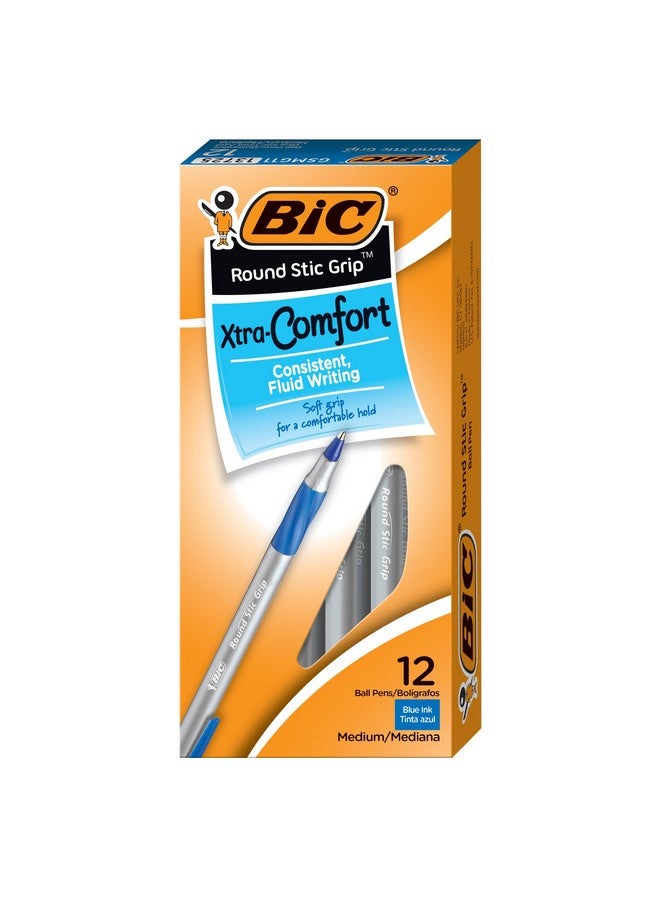 بيك أقلام حبر جاف زرقاء مريحة للغاية من BIC Round Stic Grip Xtra Comfort، ذات رأس متوسط (1.2 مم)، عبوة من 12 قلمًا، أقلام كتابة ممتازة مع قبضة ناعمة لراحة وتحكم رائعين - Image 1