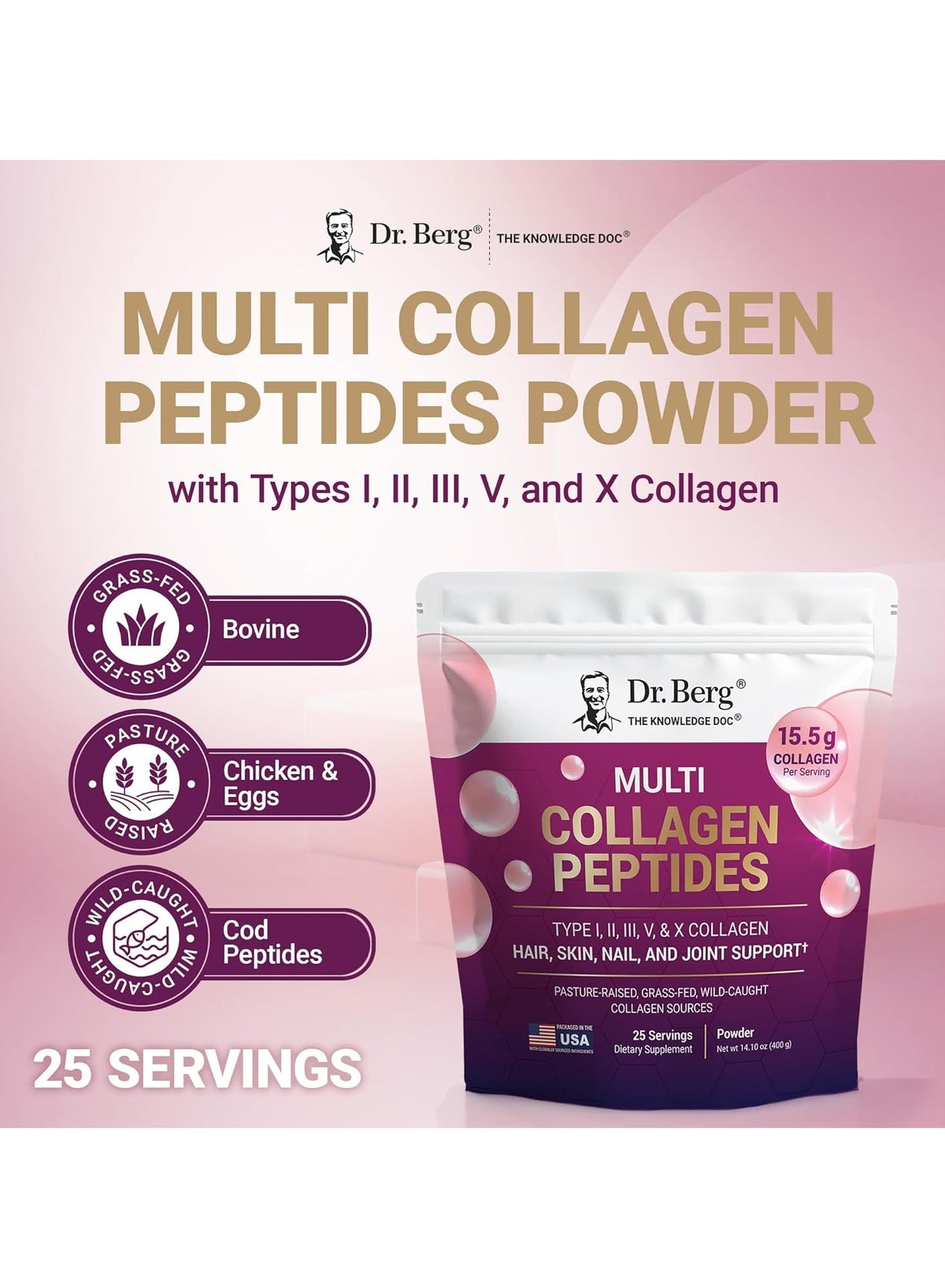 Multi Collagen Peptides Powder Types I, Ii, Iii, V, X - Unflavored Collagen Powder W/ 14 G Of Protein - Grass-Fed, Pasture-Raised & Wild-Caught Collagen Sources - 25 Servings