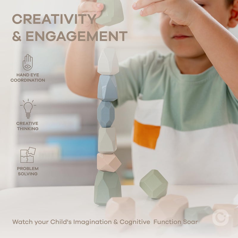Comfy Cubs Stacking Rocks 36 Pieces, 36 Months+, Educational Toddler Stacking Blocks, Promotes Imagination, Balance & Fine Motor Skills - Wooden Rocks Sensory Toys Gift for Kid, Neutral Pack - Image 3