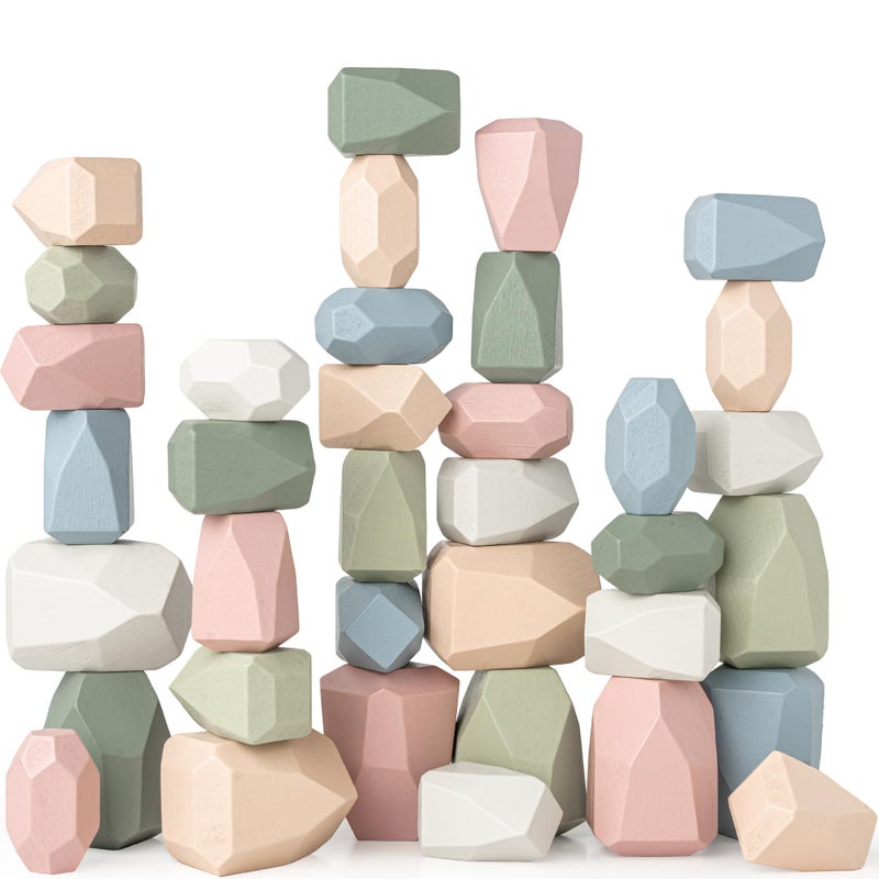 Comfy Cubs Stacking Rocks 36 Pieces, 36 Months+, Educational Toddler Stacking Blocks, Promotes Imagination, Balance & Fine Motor Skills - Wooden Rocks Sensory Toys Gift for Kid, Neutral Pack - Image 1