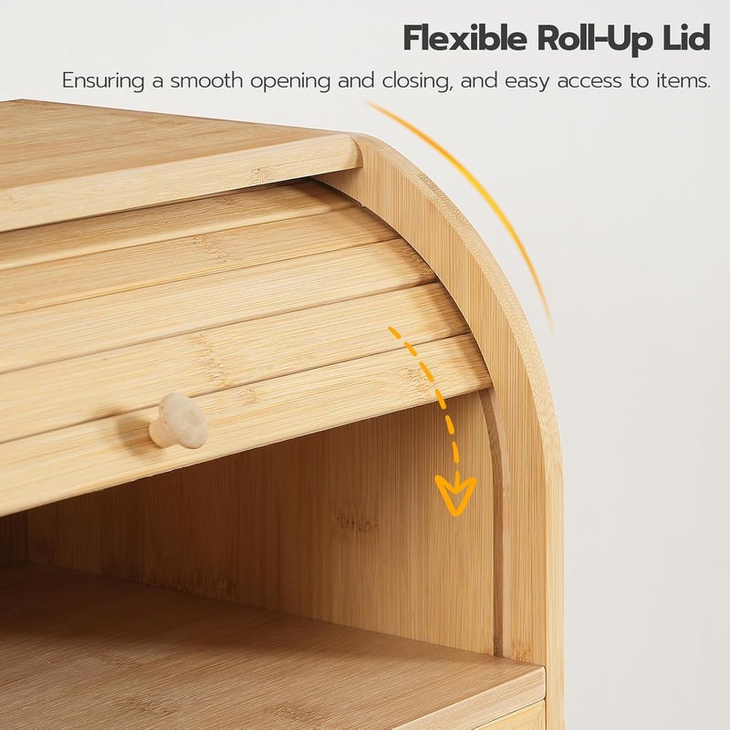 HOOBRO Bread Box, Bamboo Bread Box for Kitchen Countertop, 2 Tier Roll-Top Bread Bin, Food Storage Box, Large Capacity Keeper, Wooden Storage Cabinet, for Kitchen, Dining Room, Natural EYL13MB01 - Image 5