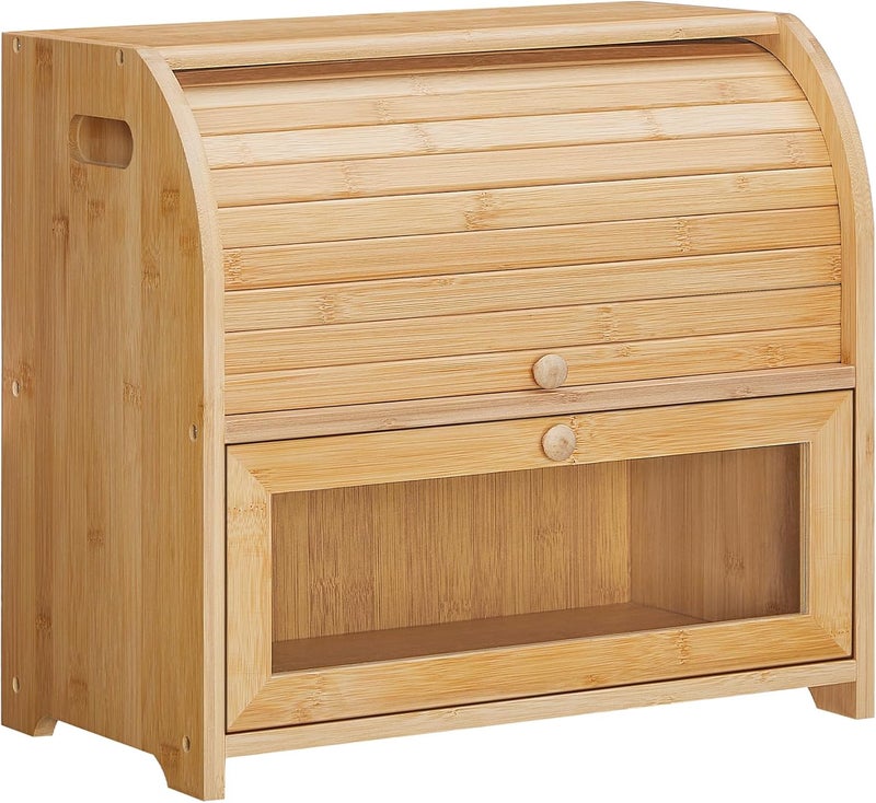 HOOBRO Bread Box, Bamboo Bread Box for Kitchen Countertop, 2 Tier Roll-Top Bread Bin, Food Storage Box, Large Capacity Keeper, Wooden Storage Cabinet, for Kitchen, Dining Room, Natural EYL13MB01 - Image 1
