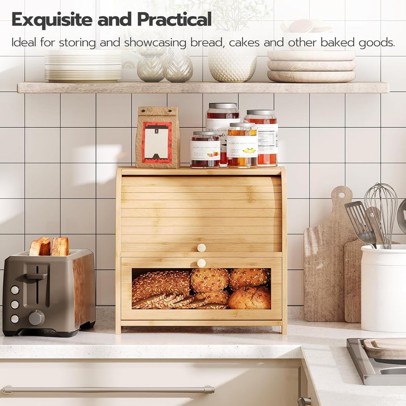 HOOBRO Bread Box, Bamboo Bread Box for Kitchen Countertop, 2 Tier Roll-Top Bread Bin, Food Storage Box, Large Capacity Keeper, Wooden Storage Cabinet, for Kitchen, Dining Room, Natural EYL13MB01 - Image 2