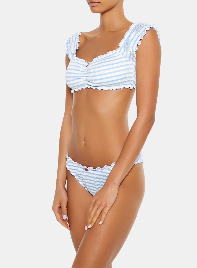 FOREVER 21 Striped Seersucker Lettuce-Edge High-Leg Bikini Bottoms - Image 4