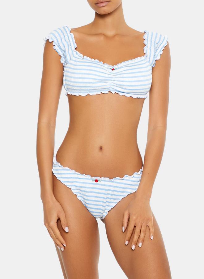 FOREVER 21 Striped Seersucker Lettuce-Edge High-Leg Bikini Bottoms - Image 3