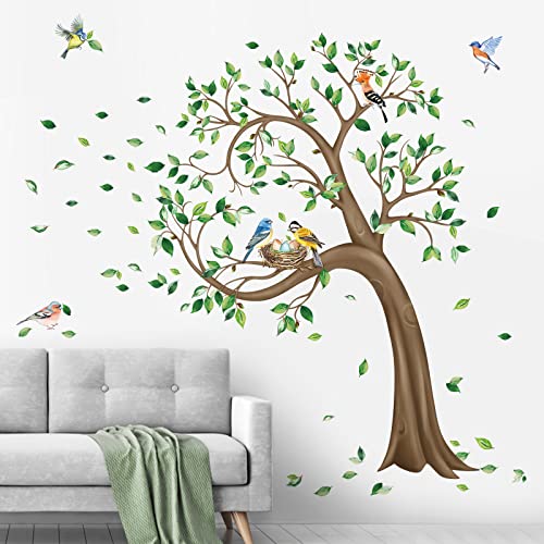 decalmile Large Green Tree Wall Stickers Flying Leaves Birds Wall Decals Bedroom Living Room Sofa TV Background Wall Decor H160CM - Image 3