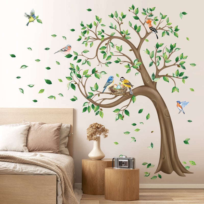 decalmile Large Green Tree Wall Stickers Flying Leaves Birds Wall Decals Bedroom Living Room Sofa TV Background Wall Decor H160CM - Image 2