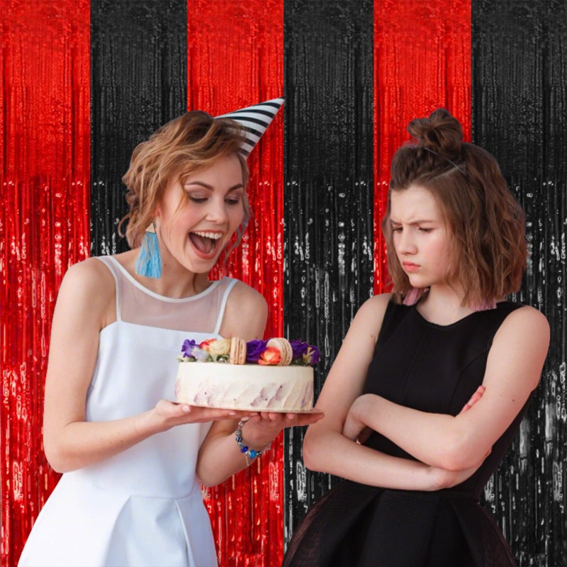 K.E.J. 2 Pack Black and Red Party Backdrop Streamers Decorations Foil Fringe Curtains Metallic Tinsel Backdrop for Birthday Halloween Christmas New Year Fancy Ball Graduation Party Decor - Image 5