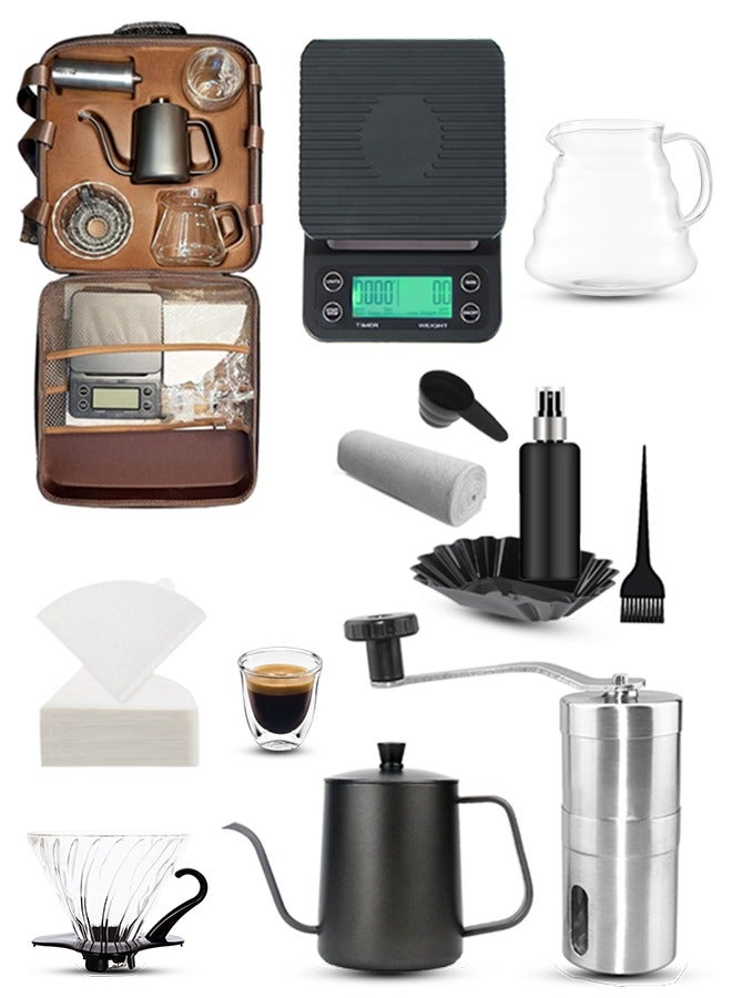 أيه بي جي طقم ماكينة تحضير القهوة مكون من 13 قطعة مع مطحنة يدوية ومجموعة لتقطير القهوة وغلاية ومقياس قهوة وقمع تنقيط زجاجي - مثالية للمنزل والمكتب والسفر والرحلات حقيبة ادوات القهوه المختصه طقم - - Image 1