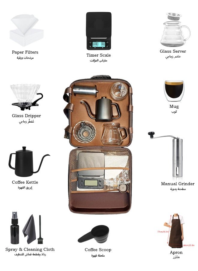 أيه بي جي طقم ماكينة تحضير القهوة مكون من 13 قطعة مع مطحنة يدوية ومجموعة لتقطير القهوة وغلاية ومقياس قهوة وقمع تنقيط زجاجي - مثالية للمنزل والمكتب والسفر والرحلات حقيبة ادوات القهوه المختصه طقم - - Image 3