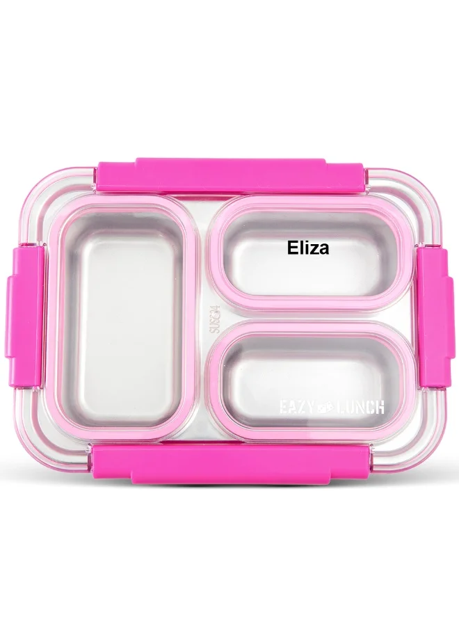 Eazy Kids Eazy Kids Personalized Stainless Steel Lunch Box 710ml, 3 Compartment Leakproof Bento Box for Kids- Pink