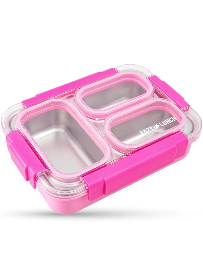 Eazy Kids Eazy Kids Personalized Stainless Steel Lunch Box 710ml, 3 Compartment Leakproof Bento Box for Kids- Pink