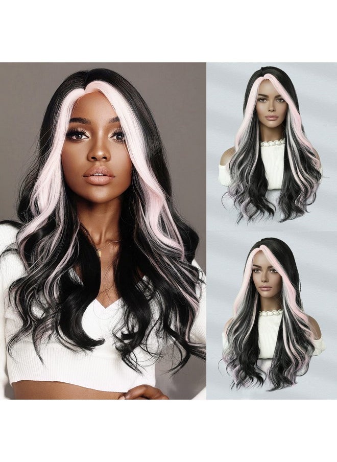 7JHH WIGS Skunk Stripe Long Natural Black Wavy Wigs 24In Lace Front Side Part Pink Highlight Wig Heat Resistant Fiber Synthetic Wig For Black Women  - Image 1