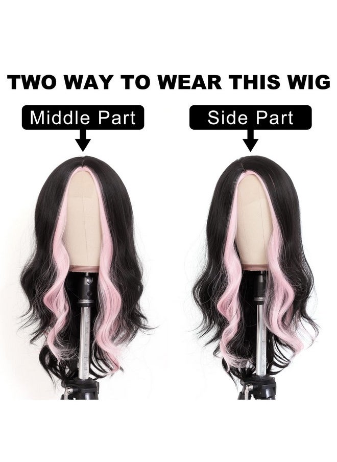 7JHH WIGS Skunk Stripe Long Natural Black Wavy Wigs 24In Lace Front Side Part Pink Highlight Wig Heat Resistant Fiber Synthetic Wig For Black Women  - Image 4