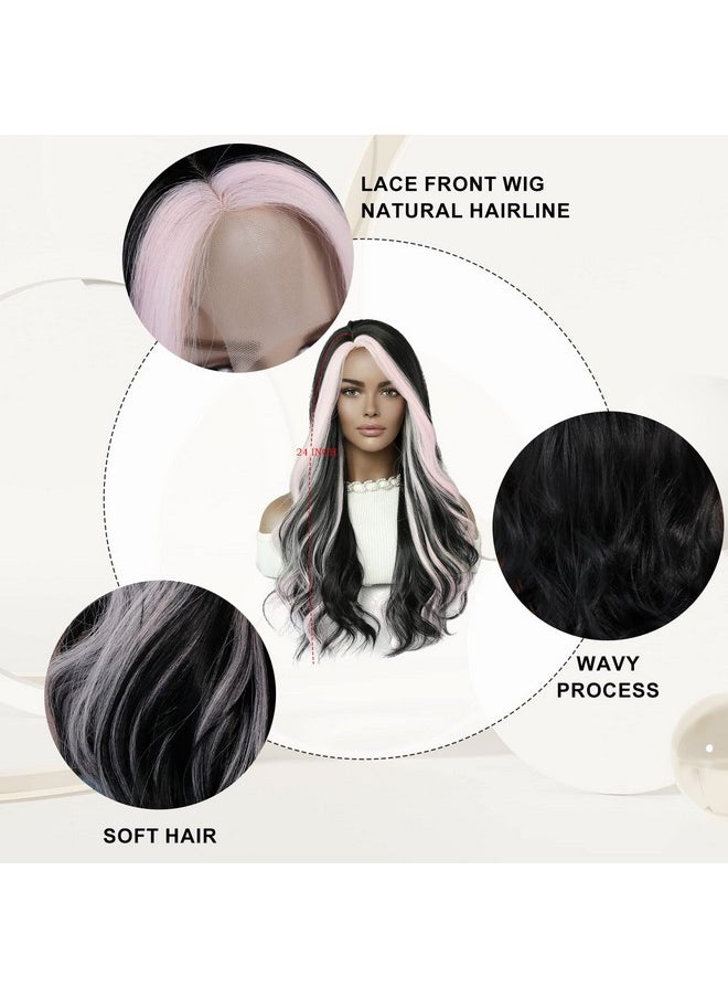 7JHH WIGS Skunk Stripe Long Natural Black Wavy Wigs 24In Lace Front Side Part Pink Highlight Wig Heat Resistant Fiber Synthetic Wig For Black Women  - Image 2