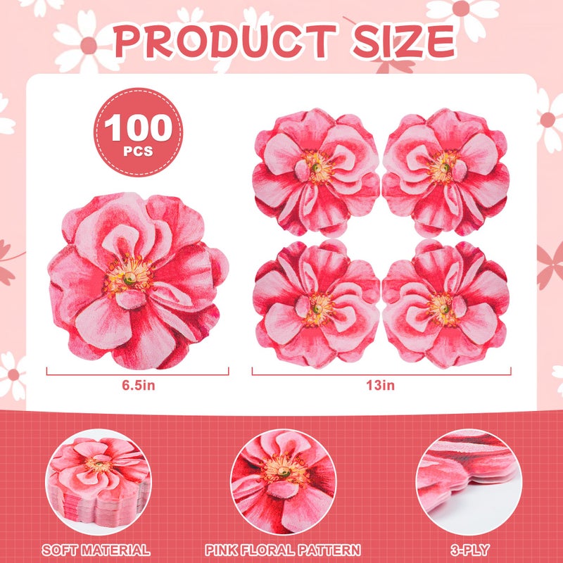AimFun 100Pcs Flower Paper Napkins Pink Disposable Floral Napkins Flower Shaped Cocktail Napkins for Valentines Birthday Bridal Baby Shower Party Supplies - Image 3