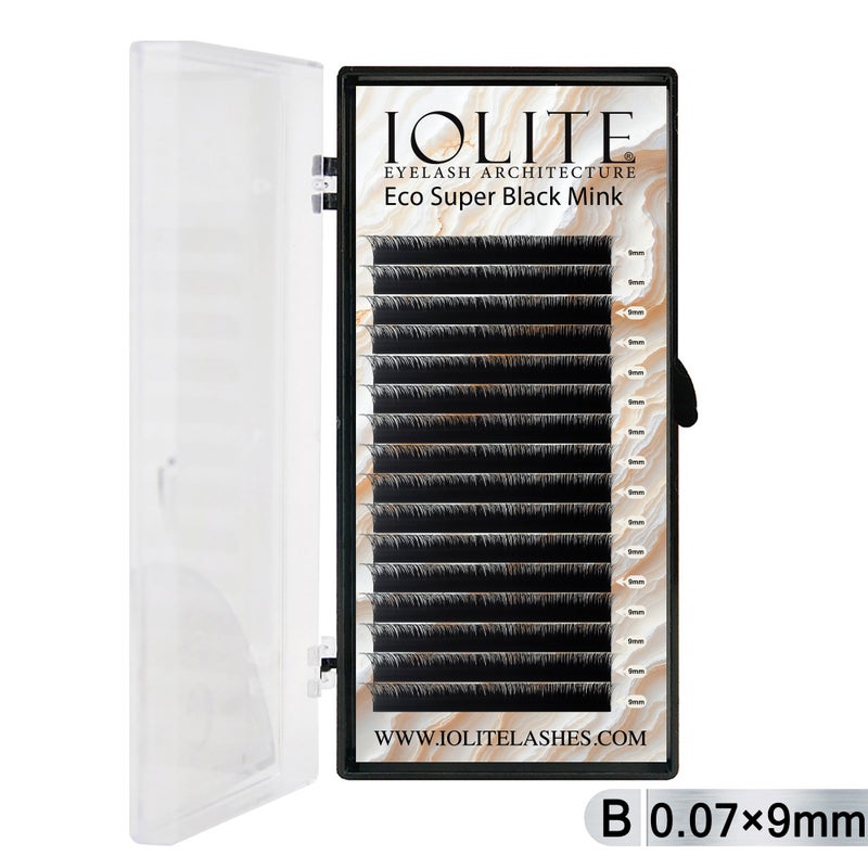 Iolite Super Black Mink Lash Extensions – B Curl 0.07T Mix (6mm–15mm) | Premium Black Mink Eyelash Extension Tray for Lash Artists ISBMB7T - 9MM