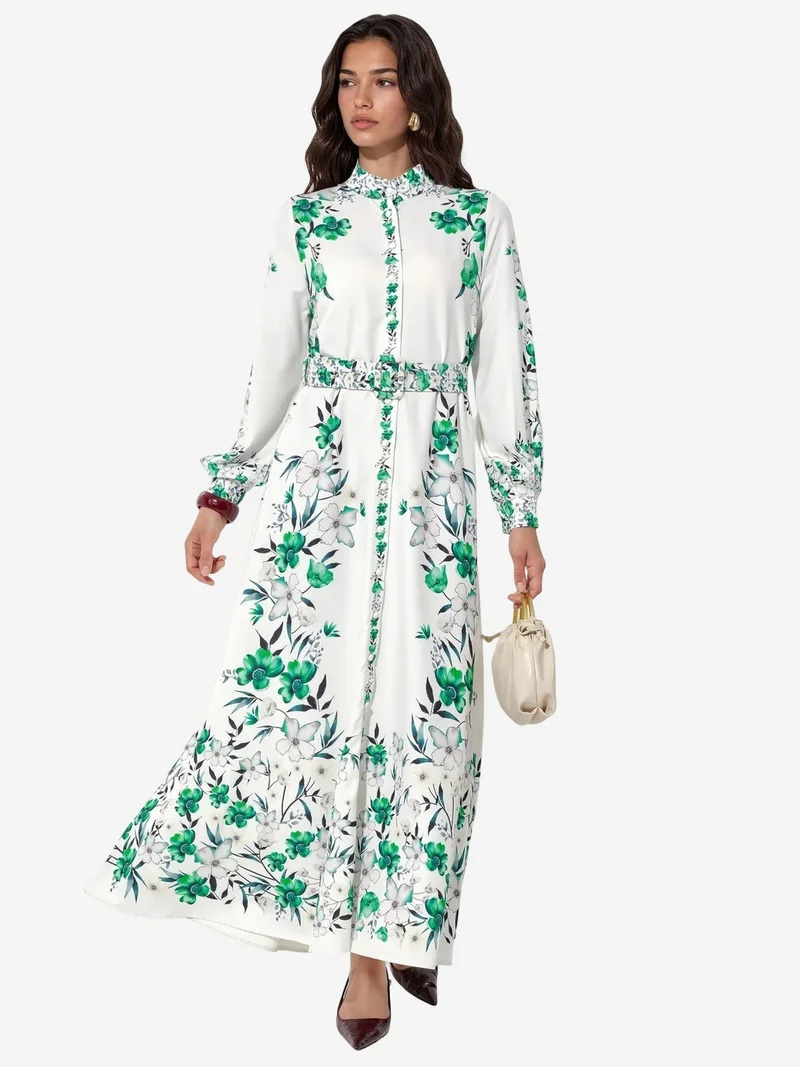 جينيفر Floral Belted Maxi Shirt Dress