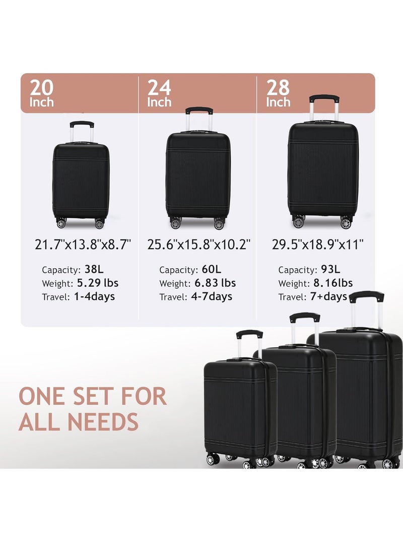 Yuwell 3-Piece Luggage Sets 20/24/28 inch Hard Shell ABS + PC, Expandable Design, Spinner Wheels, Luggage Bag 3 Piece Suitcase Set Multidirectional Wheels Travel Bags Scratch-Resistant Surface Trolley Bag Luggage Set 3 Black - Image 5