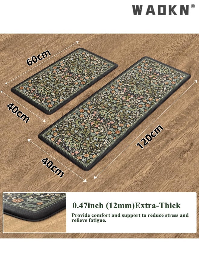 دبليو أيه أو كي أن مطبخ سجادة للطابق 2PCS ، معتدلة مكافحة التعب حصيرة غير انزلاق الماء مطبخ غسالة السجاد ، غسيل خمر ربيع زهرة السجاد الراحة الوقوف حصيرة لغسيل الملابس ، مكتب ، بار ، مكتب ، 40 * 60 + 40 * 120 سم ، أسود. - Image 3