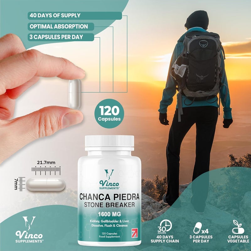 Vinco Supplements Vinco Chanca Piedra Capsules - Stone Breaker -1600mg â€“ 120 Capsules - Peruvian Source - Kidney Stone Crusher Gallbladder Support - Dissolve, Flush & Cleanse - Made in The UK - Image 5