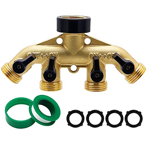 Biswing 4 Way Brass Hose Splitter, 3/4" Brass Hose Faucet Manifold, Garden Hose Adapter Connector, Hose Spigot Adapter with 4 Valves - Image 1