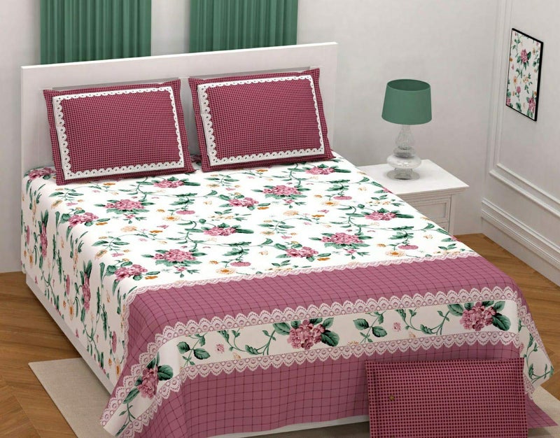 PURE COMFORT 100 Percent Twill Cotton Super King Size Double Bedsheet with 2 Pillow Covers, Super King, Pink - Image 1