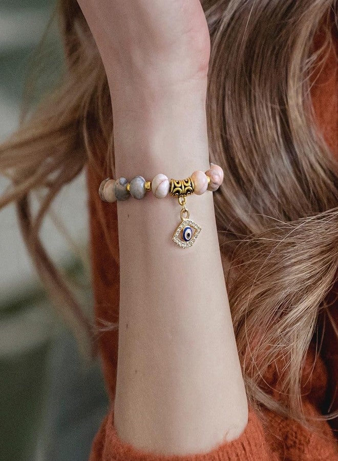 Pingyongchang Pink Evil Eye Bracelets for Women Inspirational Bracelets for Friends Lovers Families Mal De Ojo Protection Bracelet Natural Stone Beads Bracelet-Onyx - Image 2