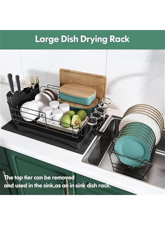 HOOKOR Dish Drying Stand, Drying Rack for Kitchen Counter, Stainless Steel Large Dish Strainer with Drainboard Set for Sink, 2 Tier Dish Drainers with Utensil Holder, Cups Holder,Extra Drying Mat - Image 5