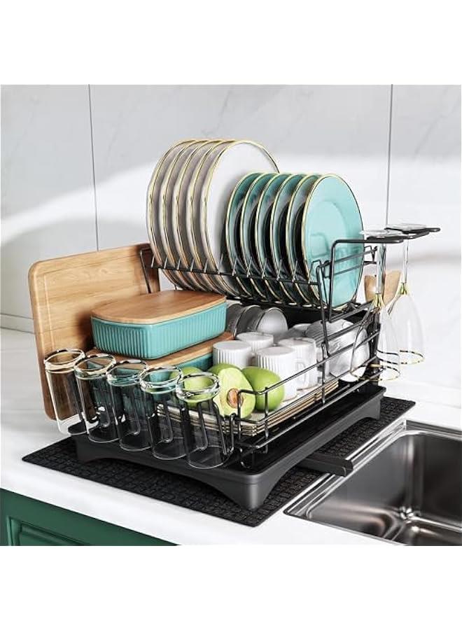 HOOKOR Dish Drying Stand, Drying Rack for Kitchen Counter, Stainless Steel Large Dish Strainer with Drainboard Set for Sink, 2 Tier Dish Drainers with Utensil Holder, Cups Holder,Extra Drying Mat - Image 1