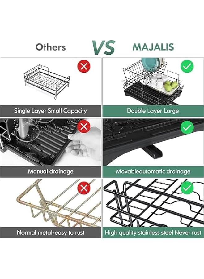HOOKOR Dish Drying Stand, Drying Rack for Kitchen Counter, Stainless Steel Large Dish Strainer with Drainboard Set for Sink, 2 Tier Dish Drainers with Utensil Holder, Cups Holder,Extra Drying Mat - Image 4