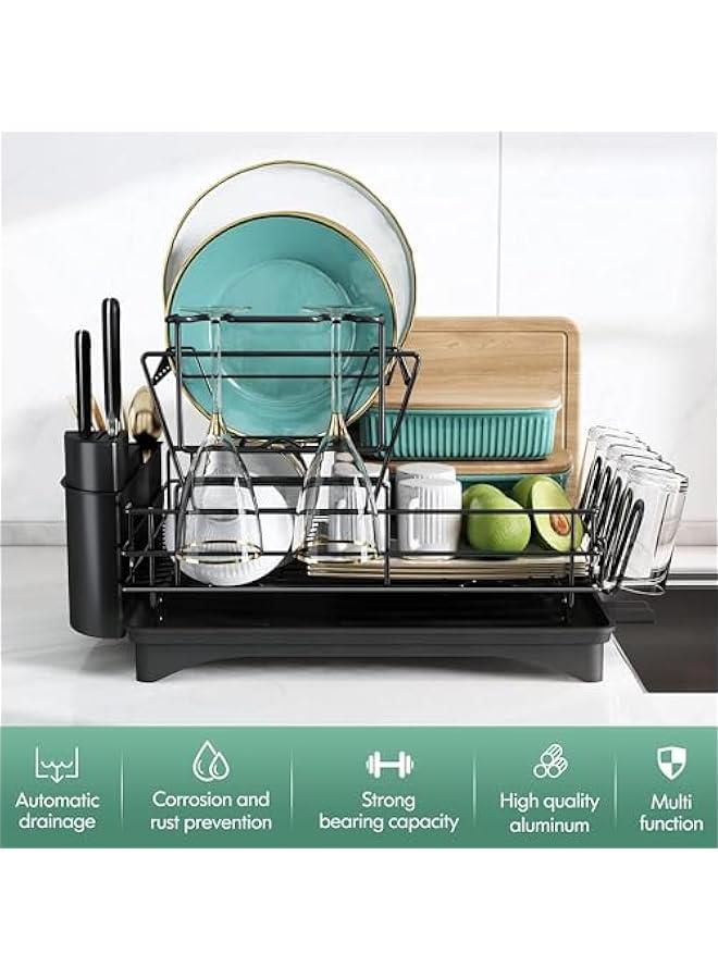 HOOKOR Dish Drying Stand, Drying Rack for Kitchen Counter, Stainless Steel Large Dish Strainer with Drainboard Set for Sink, 2 Tier Dish Drainers with Utensil Holder, Cups Holder,Extra Drying Mat - Image 2