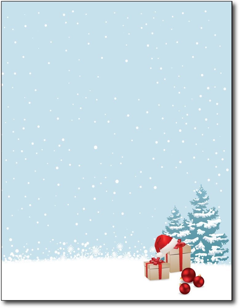Xmas Morning Holiday Paper - 80 Sheets - Snowy Winter Scene with Gift Boxes, Santa Hat & Red Ornaments â€“ Festive Christmas Stationery for Letters, Invitations & Flyers