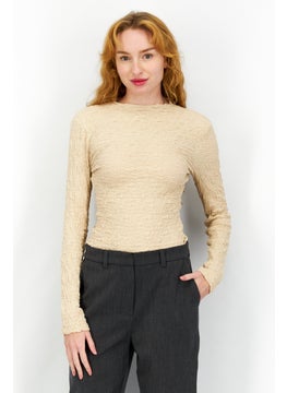 ASTR The Label Women Textured Long Sleeve Bodysuit, Tan  - Image 1