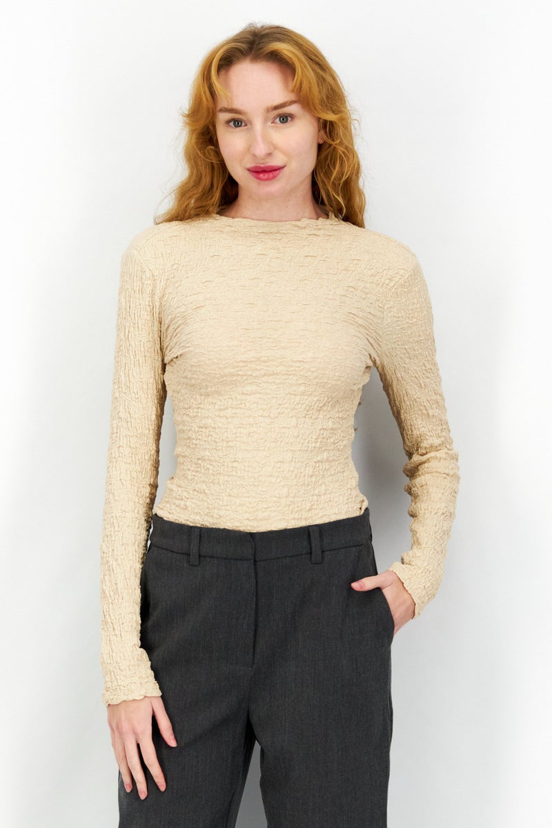 ASTR The Label Women Textured Long Sleeve Bodysuit, Tan - Image 1