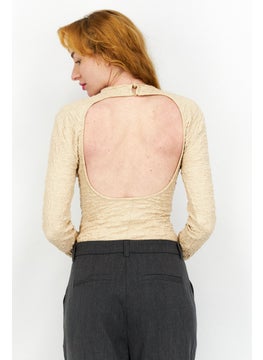 ASTR The Label Women Textured Long Sleeve Bodysuit, Tan  - Image 2