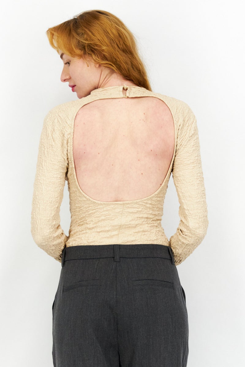 ASTR The Label Women Textured Long Sleeve Bodysuit, Tan - Image 2