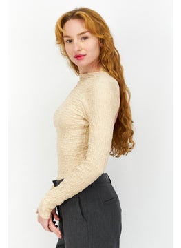 ASTR The Label Women Textured Long Sleeve Bodysuit, Tan  - Image 4