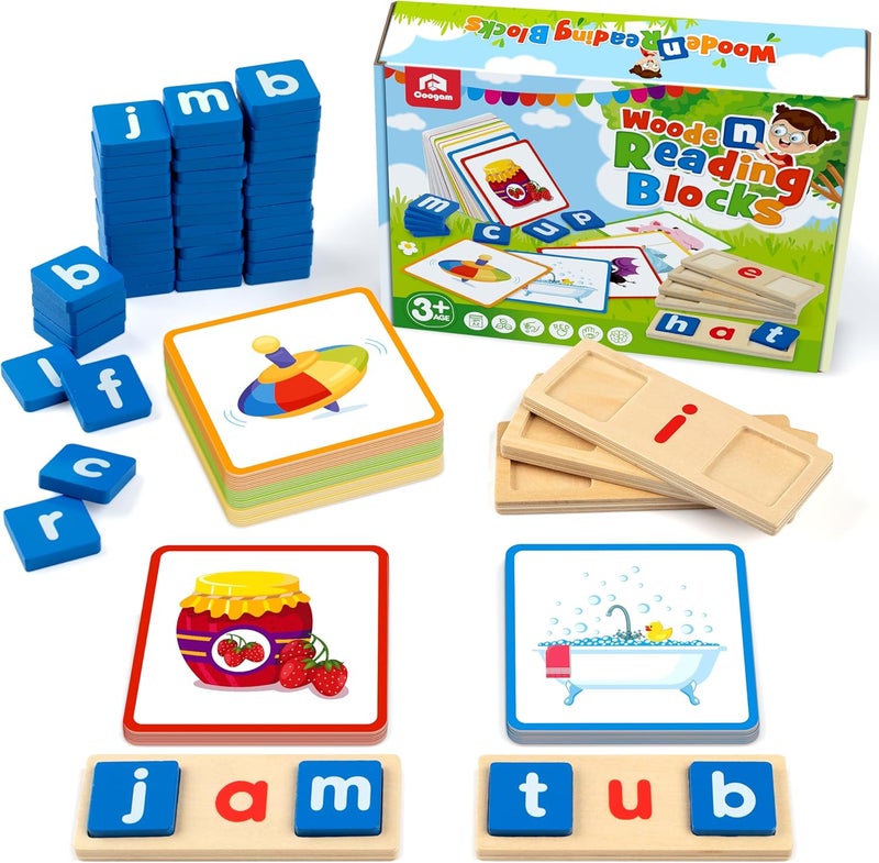 Coogam Wooden Short Vowel Reading Letters Sorting Spelling Games, Site CVC Words Learning Flashcards Alphabet Puzzle Montessori Educational Toy Gift for Kids 3 4 5 Years Old - Image 1