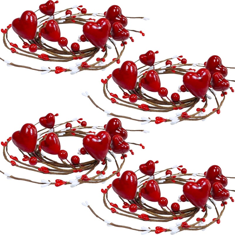 Winlyn 4 Pcs Valentine Candle Rings Wreaths Red Heart and Berry Candle Holder Rings Red Pip Berry Candle Rings Mini Wreaths 95 Wide for Valentines Day Wedding Windows Table Centerpieces - Image 1
