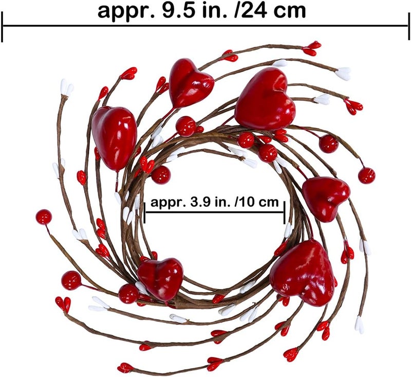Winlyn 4 Pcs Valentine Candle Rings Wreaths Red Heart and Berry Candle Holder Rings Red Pip Berry Candle Rings Mini Wreaths 95 Wide for Valentines Day Wedding Windows Table Centerpieces - Image 3