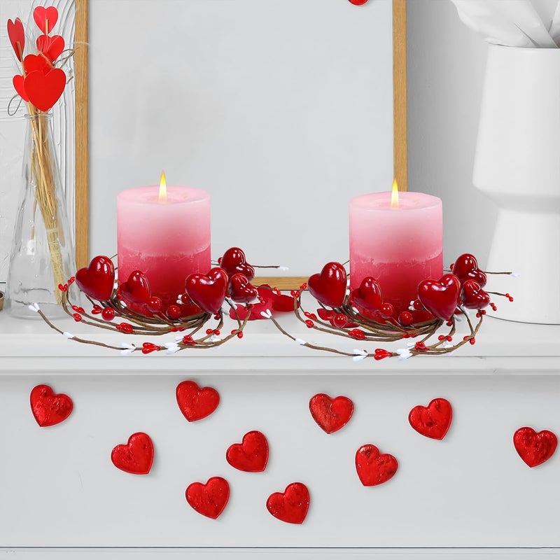 Winlyn 4 Pcs Valentine Candle Rings Wreaths Red Heart and Berry Candle Holder Rings Red Pip Berry Candle Rings Mini Wreaths 95 Wide for Valentines Day Wedding Windows Table Centerpieces - Image 5