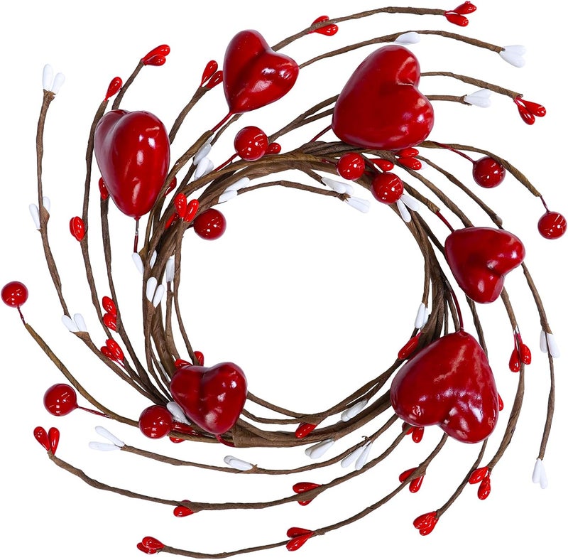 Winlyn 4 Pcs Valentine Candle Rings Wreaths Red Heart and Berry Candle Holder Rings Red Pip Berry Candle Rings Mini Wreaths 95 Wide for Valentines Day Wedding Windows Table Centerpieces - Image 2