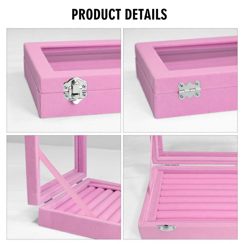 Vicoter Rings Organizer Tray 7 Slots Velvet Jewelry Earring Storage Box with Transparent lid Jewelry Display Case for Girls Wife Mom Women (Pink) - Image 4