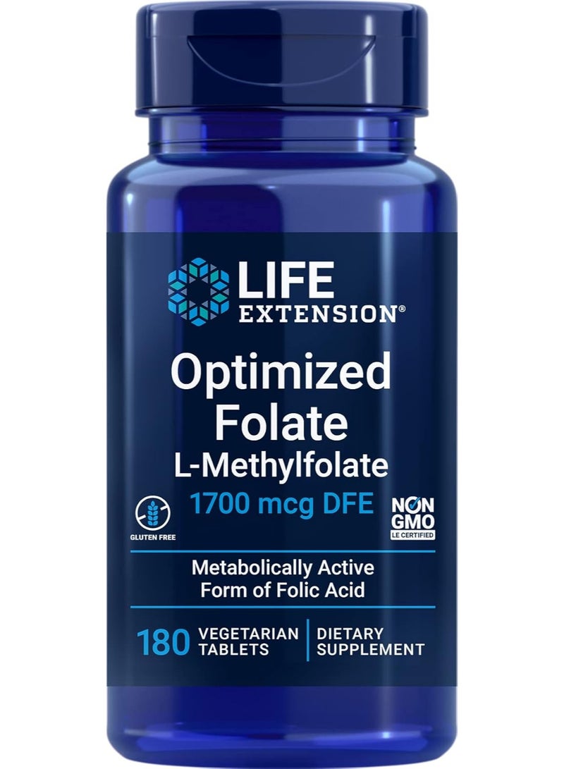Life Extension Optimized Folate (L-Methylfolate) 1700 mcg DFE, 180 Veg Tablets - Image 1