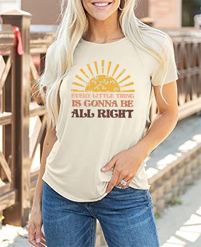 HEYO, Women Every Little Thing is Gonna Be Alright Shirt Country Music Shirts Retro Hippie T Shirt Inspirational Tee Top, Beige-s1, Large - Image 3